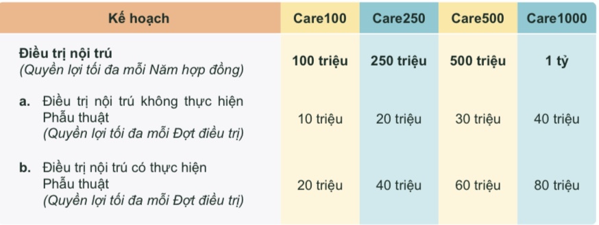 Quyền lợi tối đa cho một năm hợp đồng đối với trường hợp điều trị nội trú